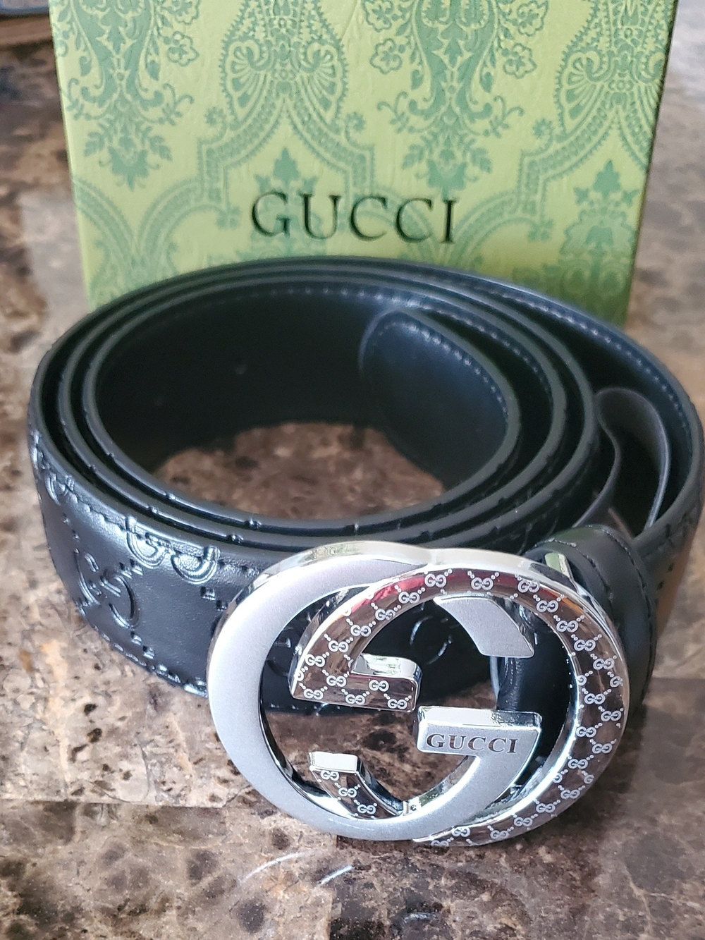 Gucci Black Embossed Leather Belt with Silver GG Logo Buckle